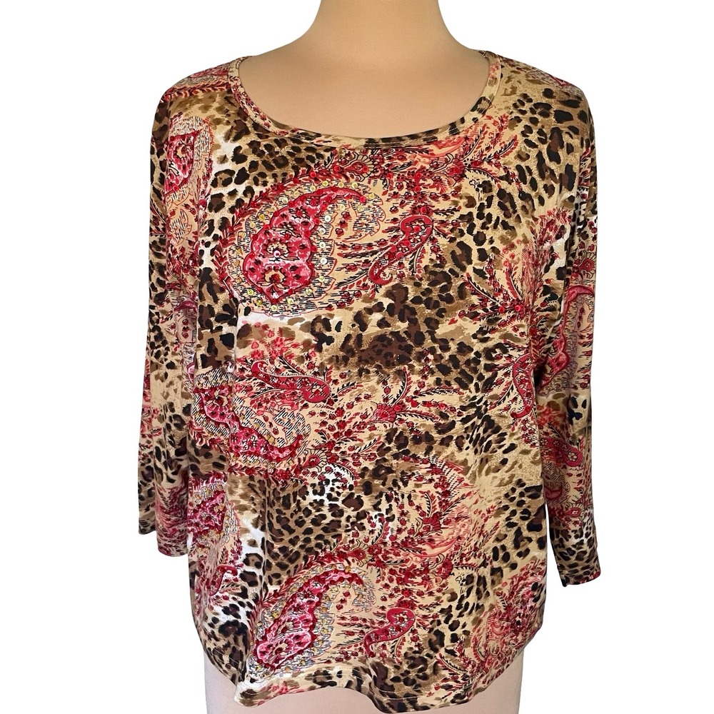 Take Two Leopard Paisley Sequin Knit Top Sz L Red Brown 3/4 Sleeve Size Boho
